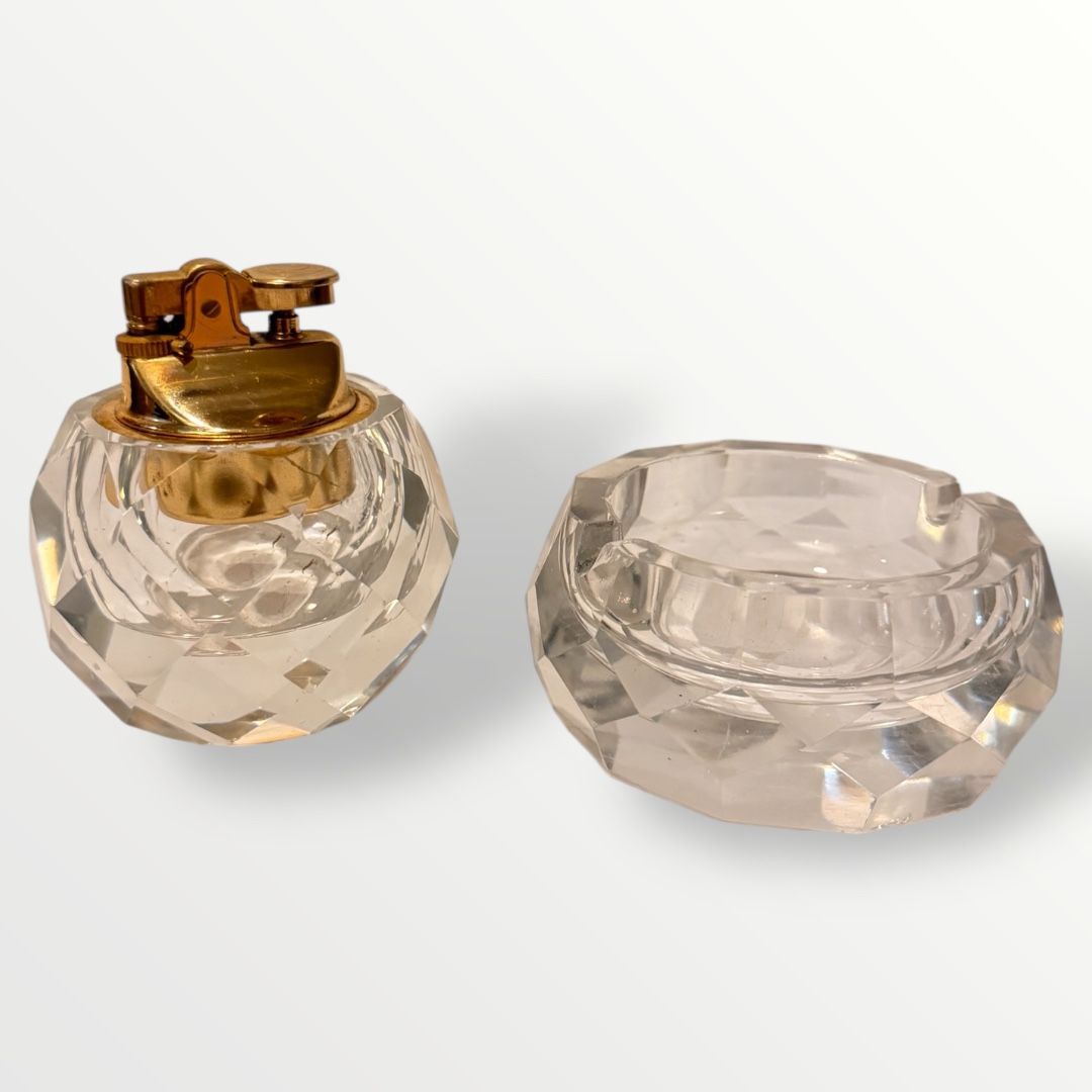 Vintage Cut Crystal Table Lighter &  Ashtray Mid Century Modern Hand Cut Heavy