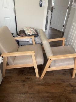 (2) Beige Chair with wood frame
