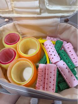 Lots of Multi-colored curling set with pink, green, and yellow curlers and for voluminous hair, in storage bag all in good condition #curling #hair #v