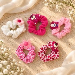 5-Pieces,Fabric Scrunchie Hair Ties Hearts Print Bear & Flower Pink/White/Red