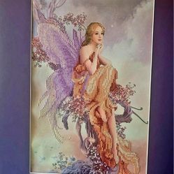 12x16 HAND BEADED FAIRY MATTED FRAMED BLING WALL ART