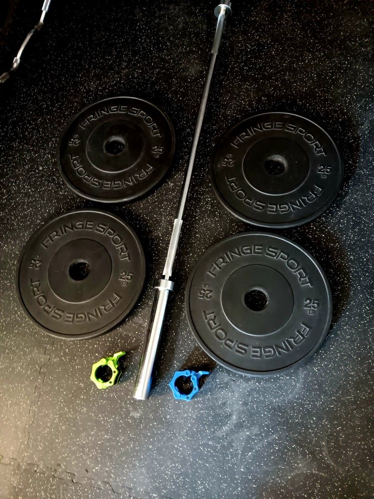 FringeSport 25LB Bumper Plates With New Olympic Barbell 