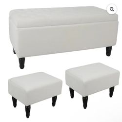 43" Rectangular Velvet Storage Ottoman with 2 Footstool, Velvet-off White 