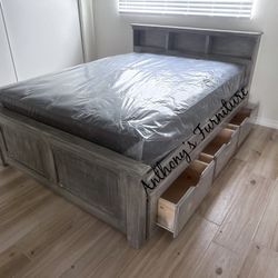 Solid Wood Queen Bed & Bamboo Mattress + Drawers 