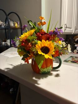Handcrafted Fall Flowers in a Pumpkin Mug