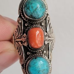 Vintage Ring Coral And Turquoise Sterling Ring Size 7.5