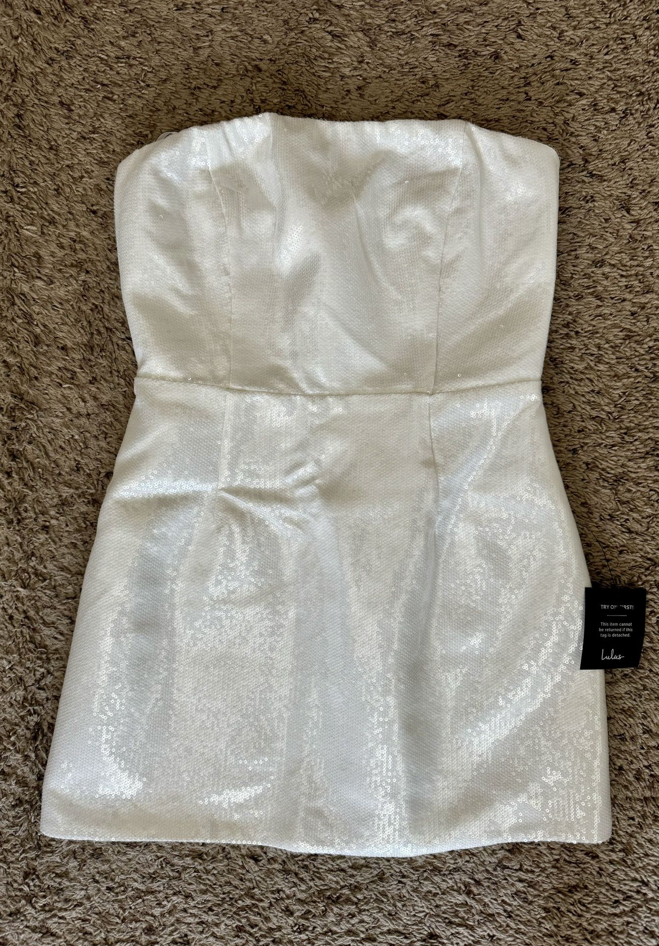 White Sequin Strapless Mini Dress