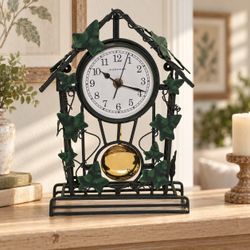 Ingraham Clock Decorative Green Mantel Metal with Leaf Design Tested Working