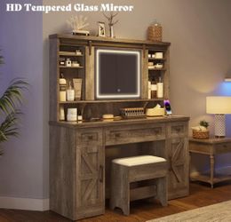 BUILT: AMERLIFE 47.2" Farmhouse Vanity Desk with Mirror and Lights