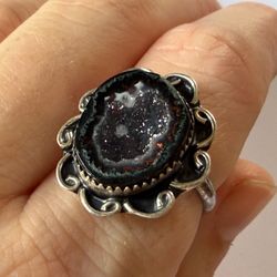 Vintage .925 Sterling Silver Black Geode Ring