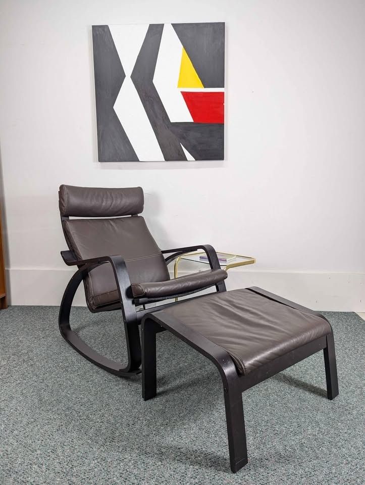 IKEA Poang Brown Leather Rocker Chair w/ Ottoman