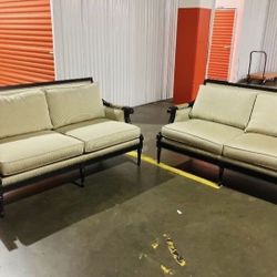 set of Ethan Allen Couches nice set, tan color with nice wood framing 