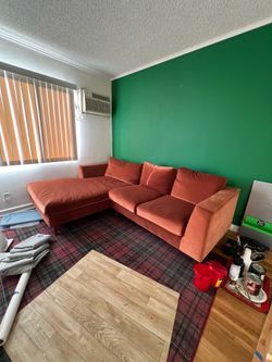 Interior Define Rust Orange Performance Velvet Sectional sofa chaise MCM style wood legs