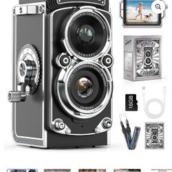 Mini Vintage Digital Camera, Portable Retro Twin-Lens Reflex Style Digital Camera with 16GB Card, 12MP Photos, Autofocus, 1080P FHD Video, 1000mAh Bat