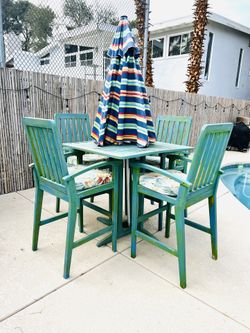 High Top Patio Table With Cushioned Chairs & Umbrella