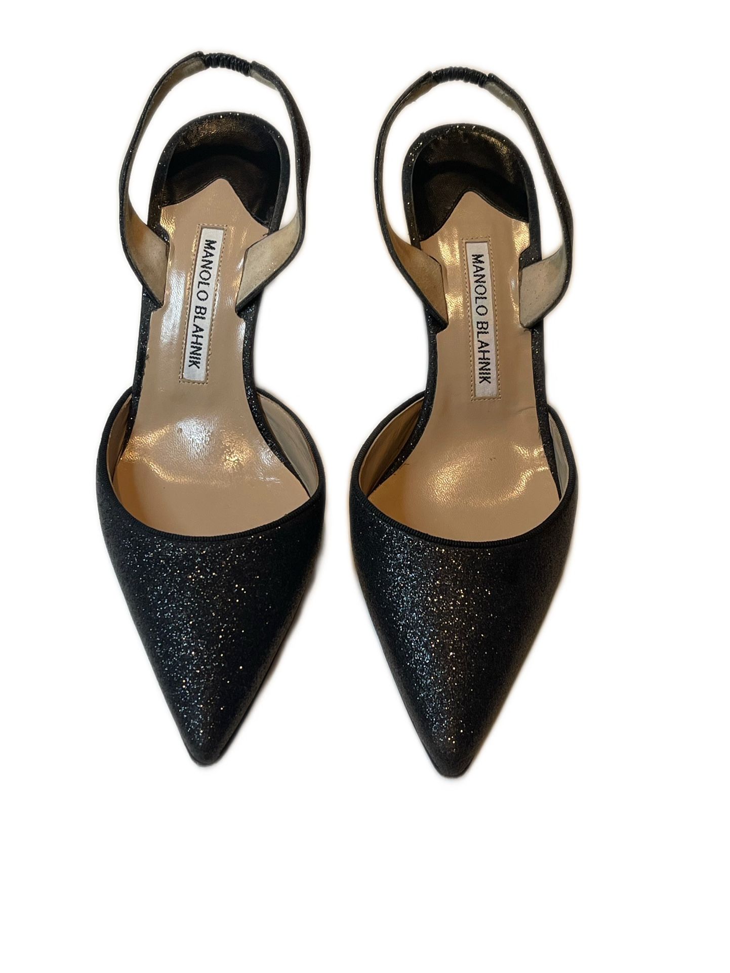 Manolo Blahnik Black Glitter Slingback Heels – Size 38