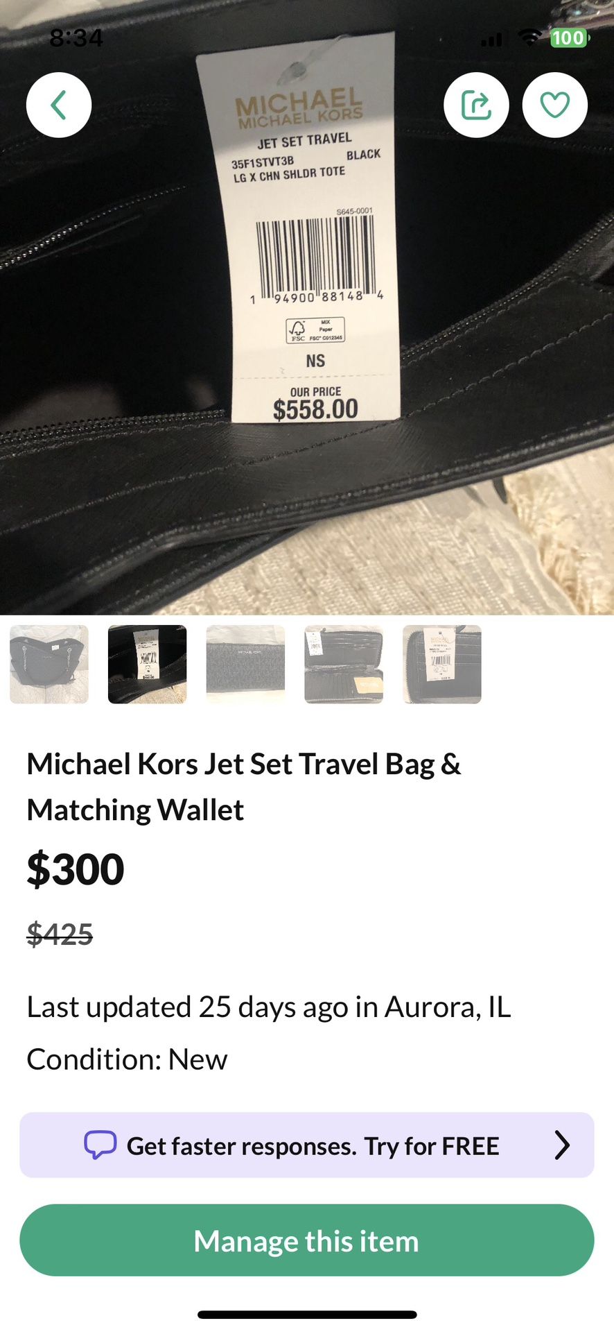 Brand New Michael Kors Jet Set Handbag