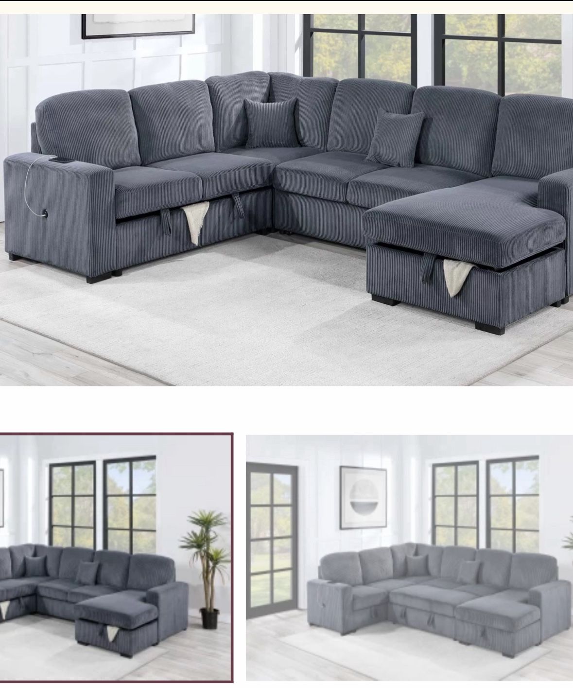 $649-4Piece Convertible Sectional Sleeper Sofa ,Chaise Storage ,Sofa Storage & USB Ports 98” x 103” x 61” x36”H
