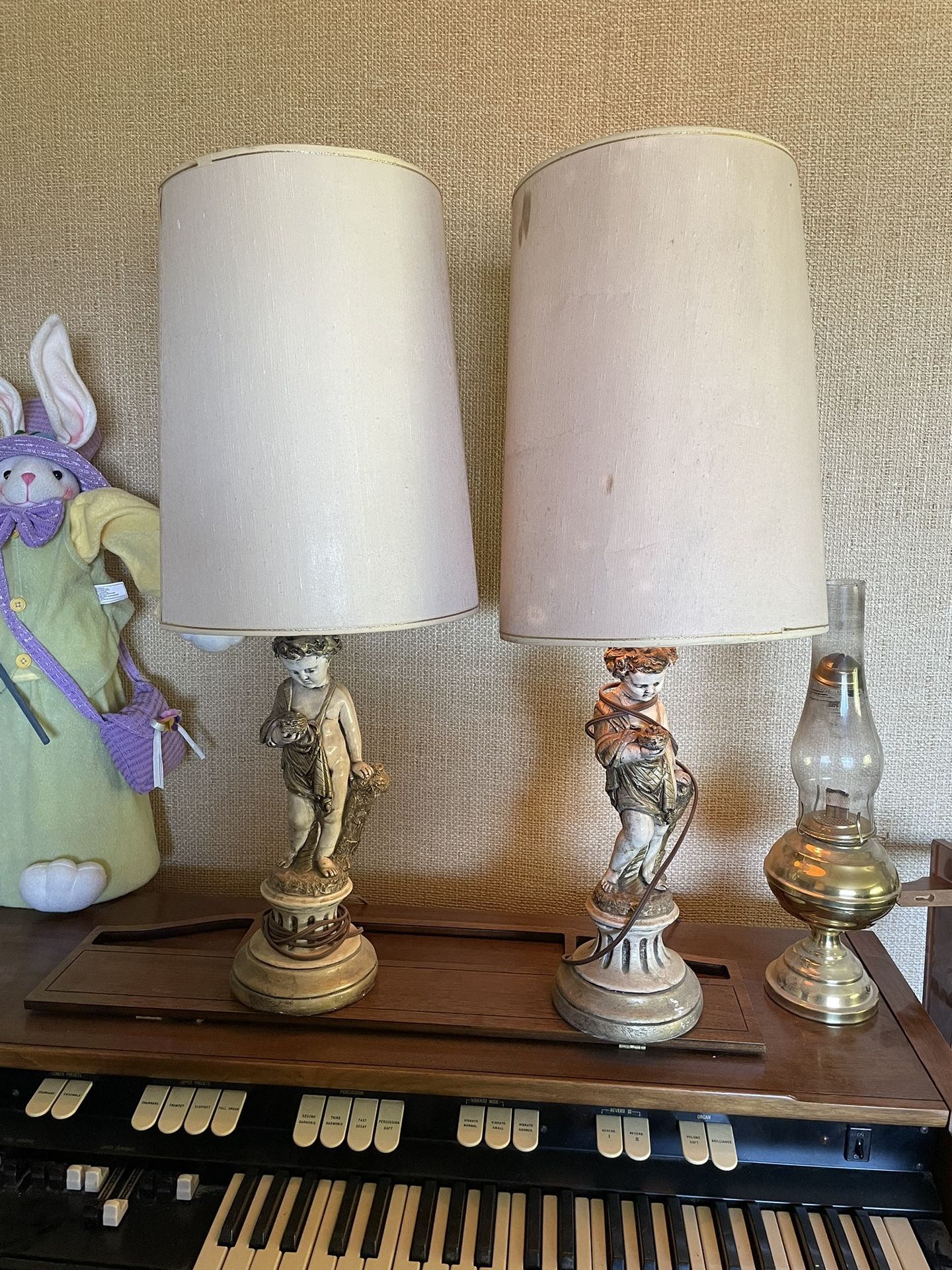 Antique pair Porcelain Cherub Lamps works perfectly Victorian Fine Art