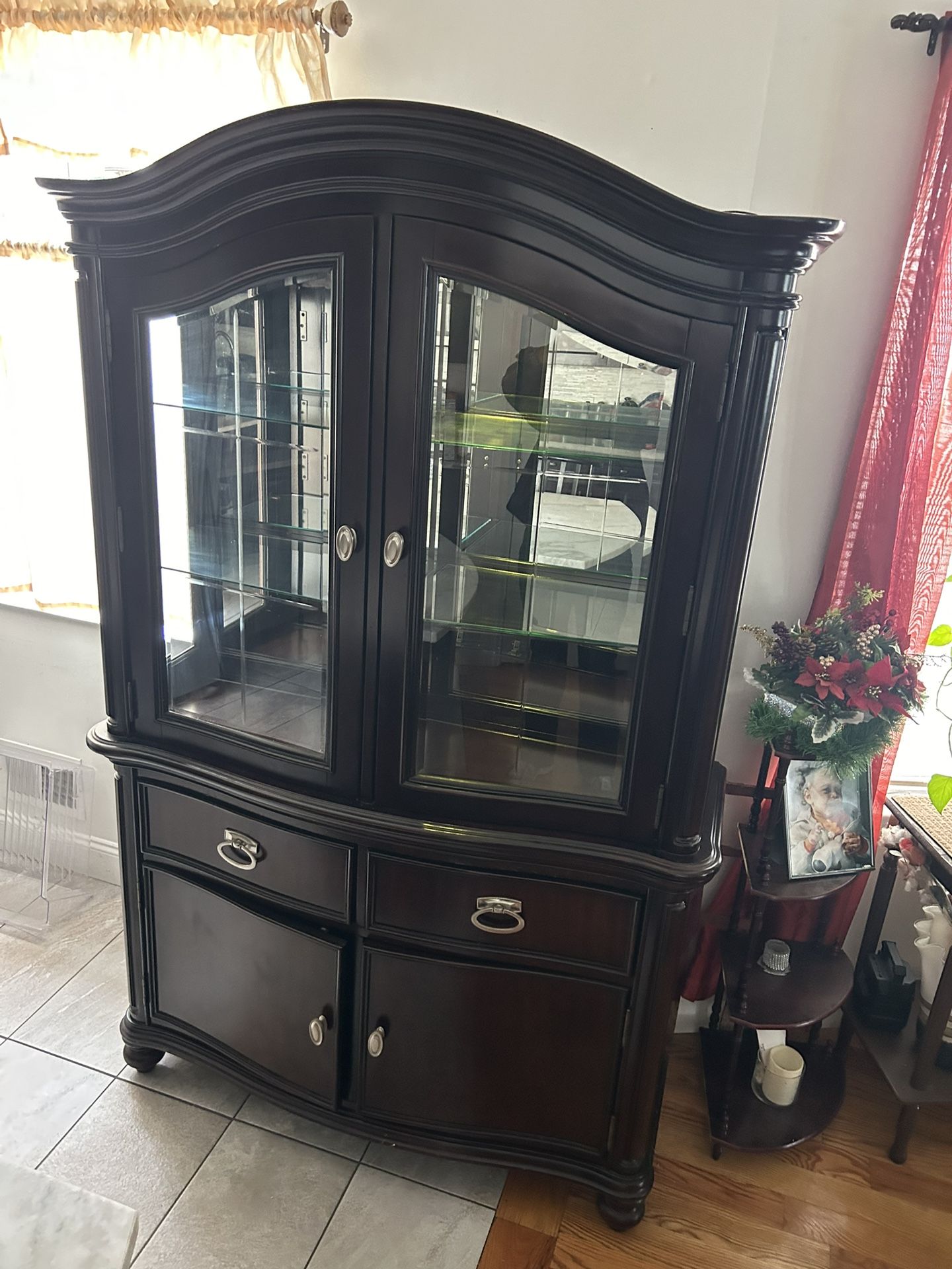 Mahogany Reddish Dark Brown Two Piece China Cabinet .