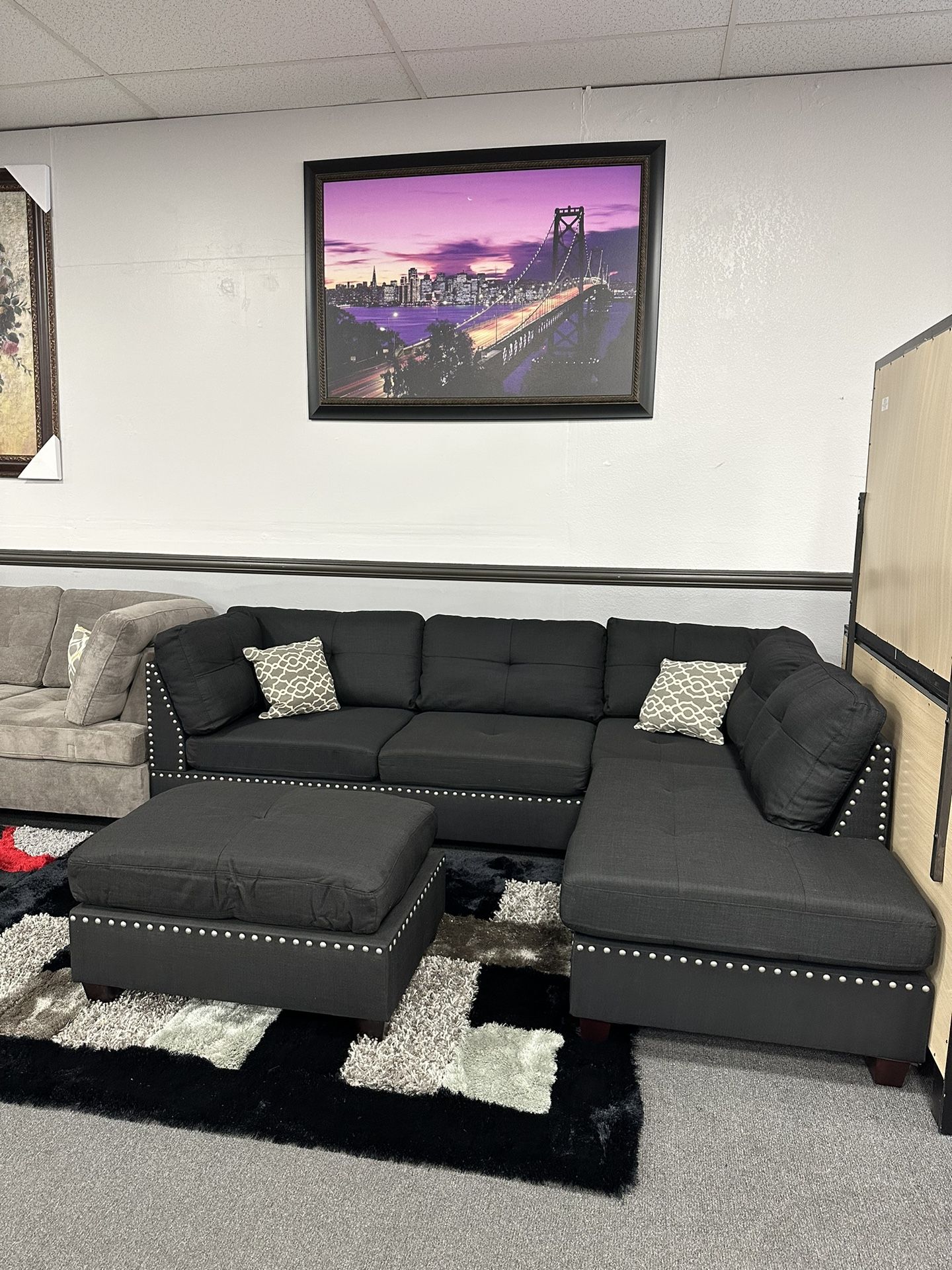 3PC Black Sofa Sectional W/ Free Ottoman