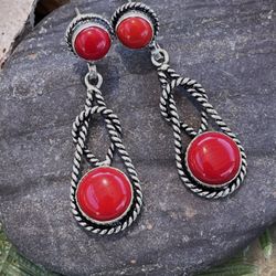 Southwest Coral Gemstone Sterling Silver 1.8” Post Stud Earrings