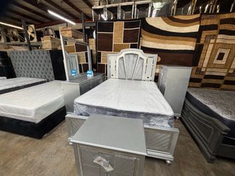Silver Bedroom Set with Bed Frame and Dresser