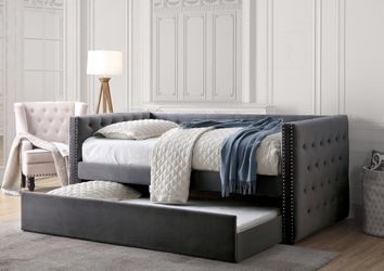 👽Padded Flannelette Upholstery Gray Button Tufted Day Bed W/Trundle 👽 (Mattresses sold separately)