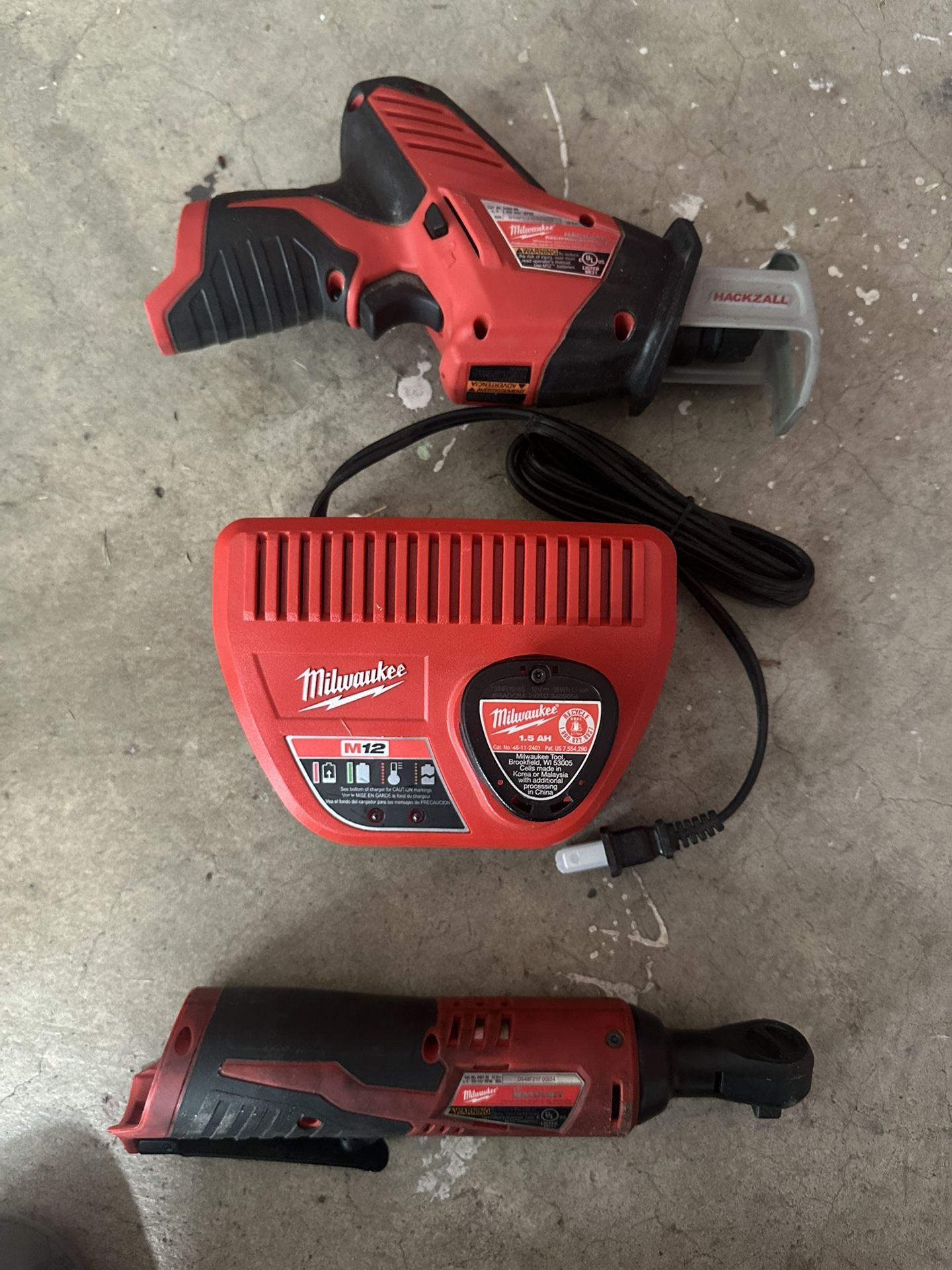 Milwaukee 48-59-2401 12V Charger And Battery, Milwaukee 2420-20 12v Hackzall, And Milwaukee 2457-20 3/8” Ratchet
