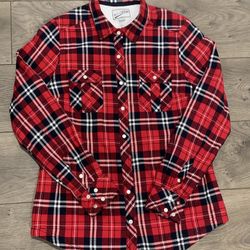 BC Clothing Fleece Sherpa Lined Plaid Snap Button Up Shirt Women's Medium Red