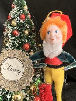 Vintage  Chenille Elf Gnome Christmas Ornament Figure Japan 