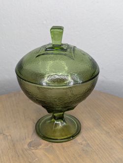 Vintage MCM Hazel Atlas Pebble Stone Green Glass Pedestal Candy Dish