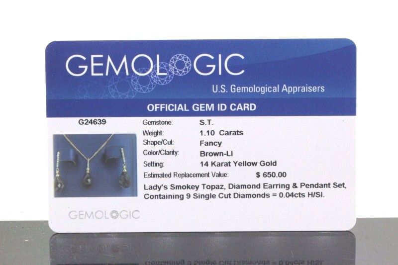 14k Yellow Gold Diamond & Smokey Topaz Earrings & Necklace W Cert 6g #31203B