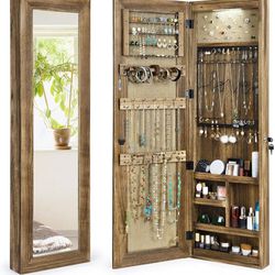 solid wood auto led light jewelry armoire storage cabinet mirror | over the door or wall mount