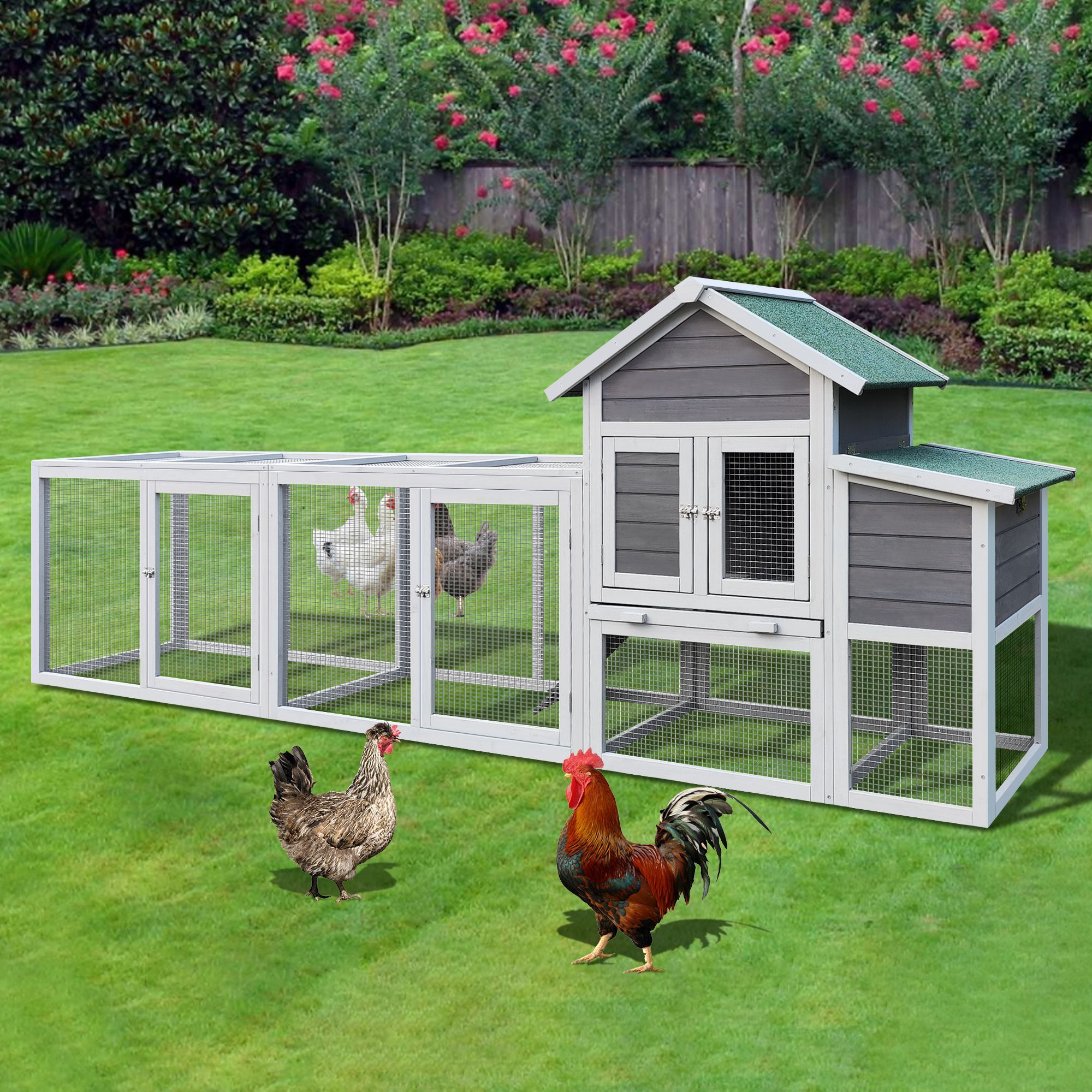 Gray Wooden Chicken Coop Outdoor Hen House with Run Waterproof Roof & Nesting Box Rabbit Duck Poultry Cage with Perch Sliding Tray and Secure Lock