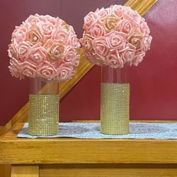 2 Pink Flower Vases Decoration 