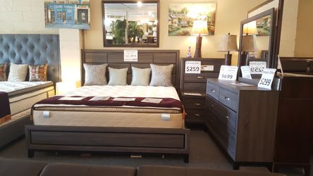 Brand new gray queen bed frame + dresser + mirror + nightstand