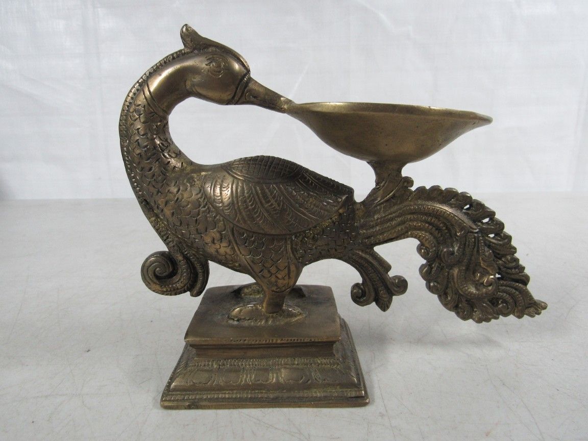 Peacock Diya Solid Brass Hindu Indian Oil Lamp Incense Burner
