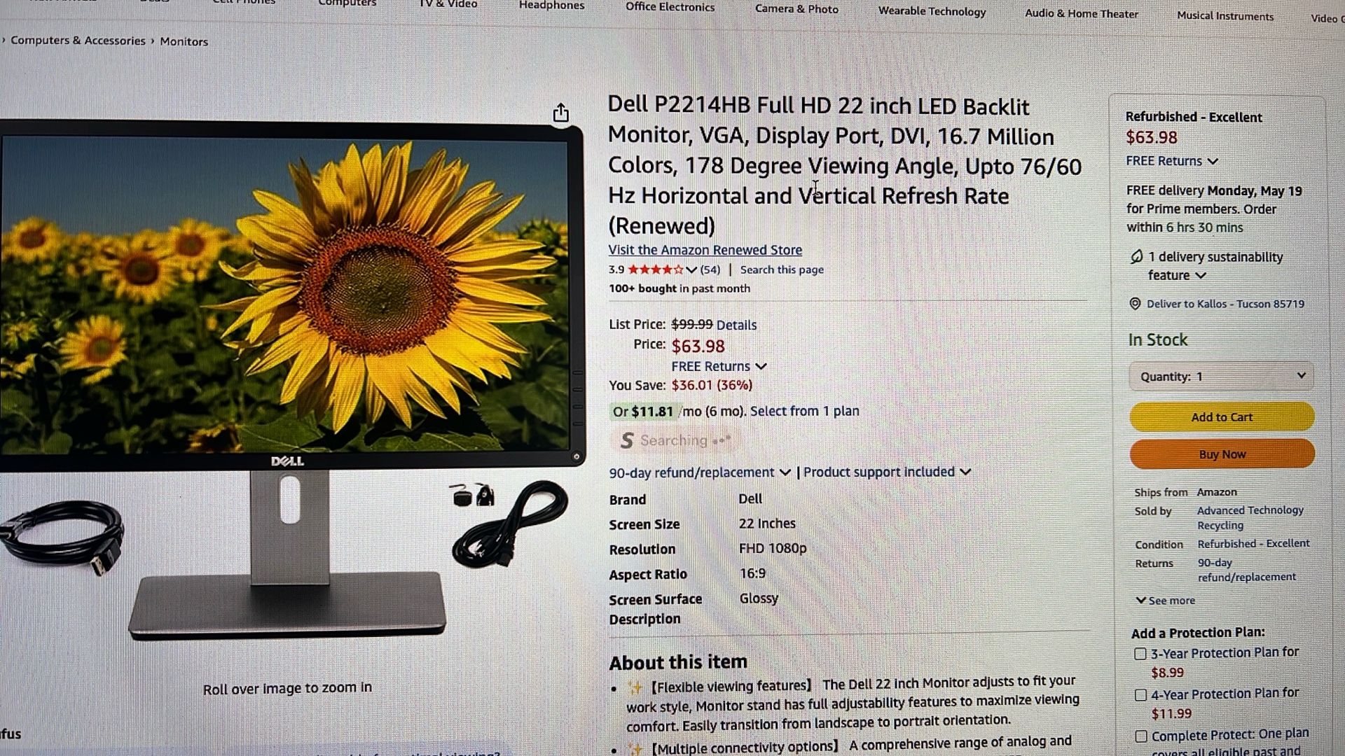 Dell P2214HB Monitor 22 inch long aspect ratio