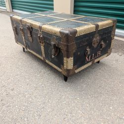 Vintage Steamer Trunk Coffee Table Concretion, Trunk & Bag Co. National Vulcanized Fibre