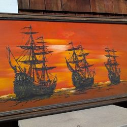 Mid-Century Painting Spanish Seascape Nautical Pirate Ships Art MCM Vintage Artwork Please Read Boat 
