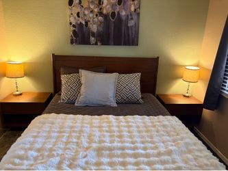 Walnut from wayfair Queen bed and night tables a
