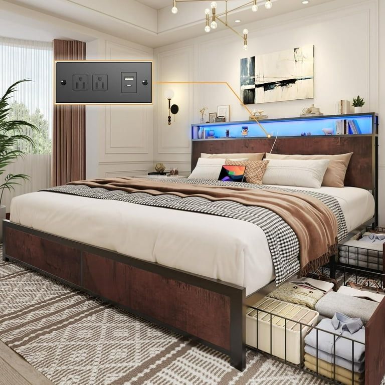 New Queen Bed Base with Charging Station and LED Lights, Metal Bed Frame with 4 Storage Drawers and Headboard, No Box Spring Needed, Easy Assembly, No