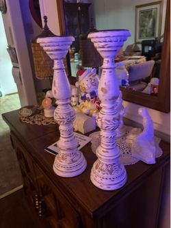 Pair of White Distressed Candle Holders
