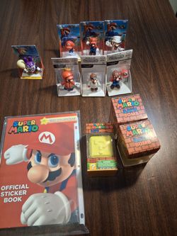 7 Mario collectible figures, 1 brand new Mario Bros official sticker book (over 800 stickers)and 3 Mario key chain Bath booms.( New-sealed)