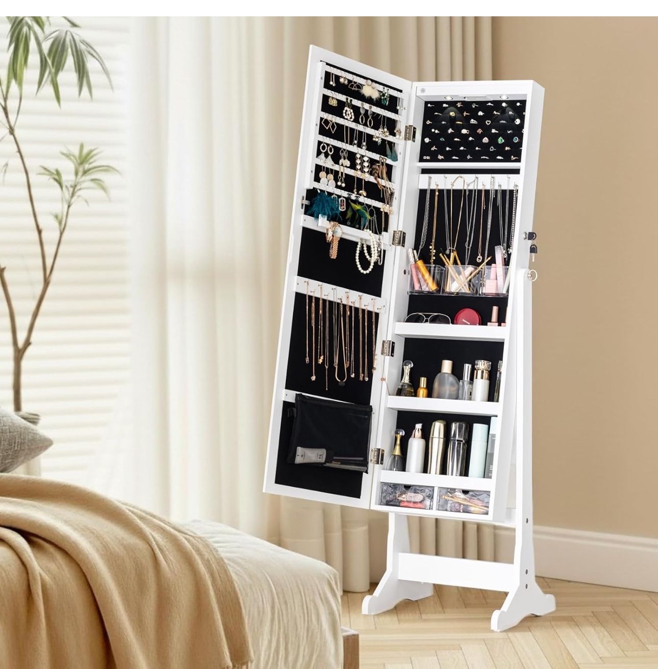 White Mirror Jewelry Cabinet Standing, Large Storage Jewelry Armoire, Full-Length Frameless Mirror w