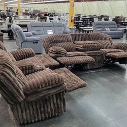✅️✅️2 pc chocolate wide welt corduroy sofa with drop down tray and love seat with cup console with recliners on the ends✅️✅️