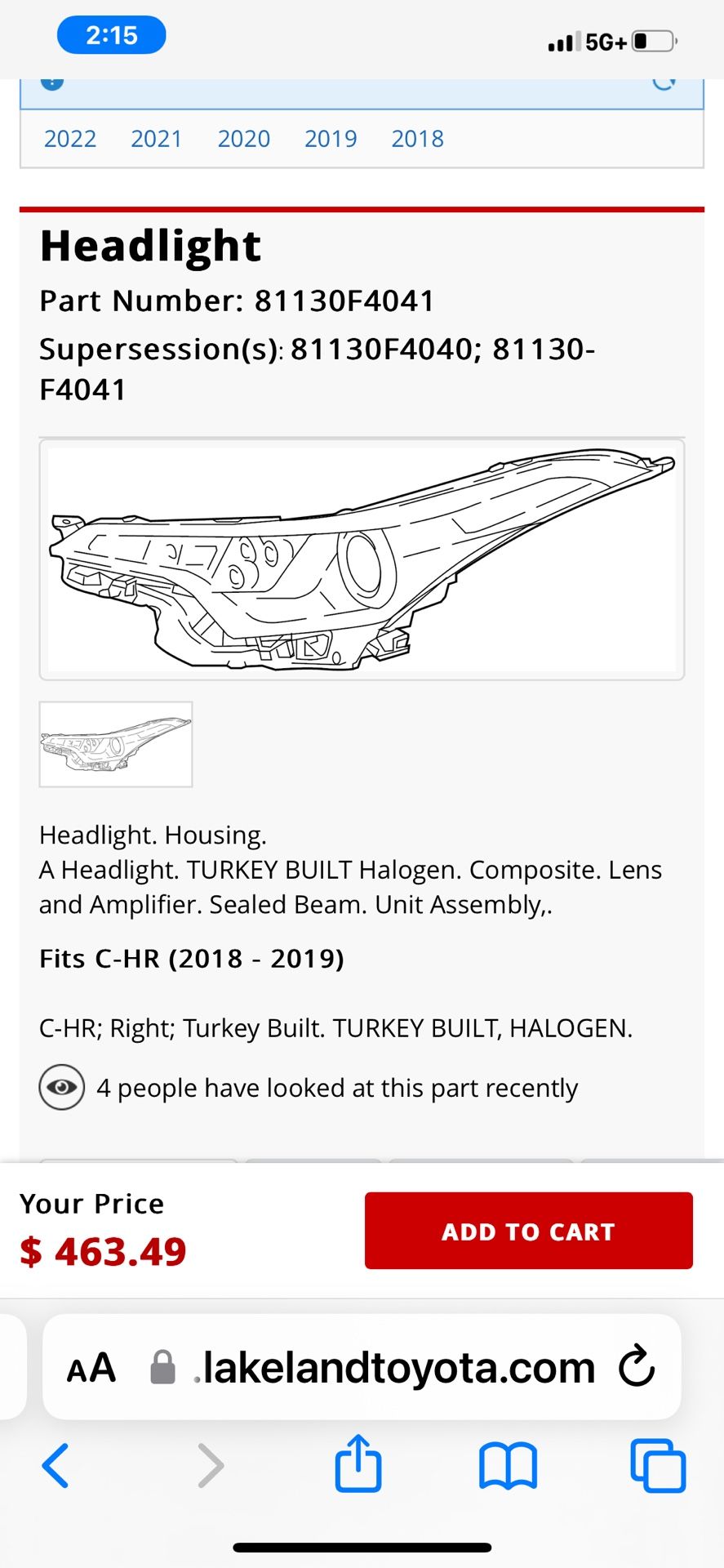 2019 Toyota Chr Front Right Headlight Open Factory