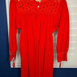 Madewell Eyelet Daybreak Dress Womens Medium Red Orange Linen Blend Shift Tassel