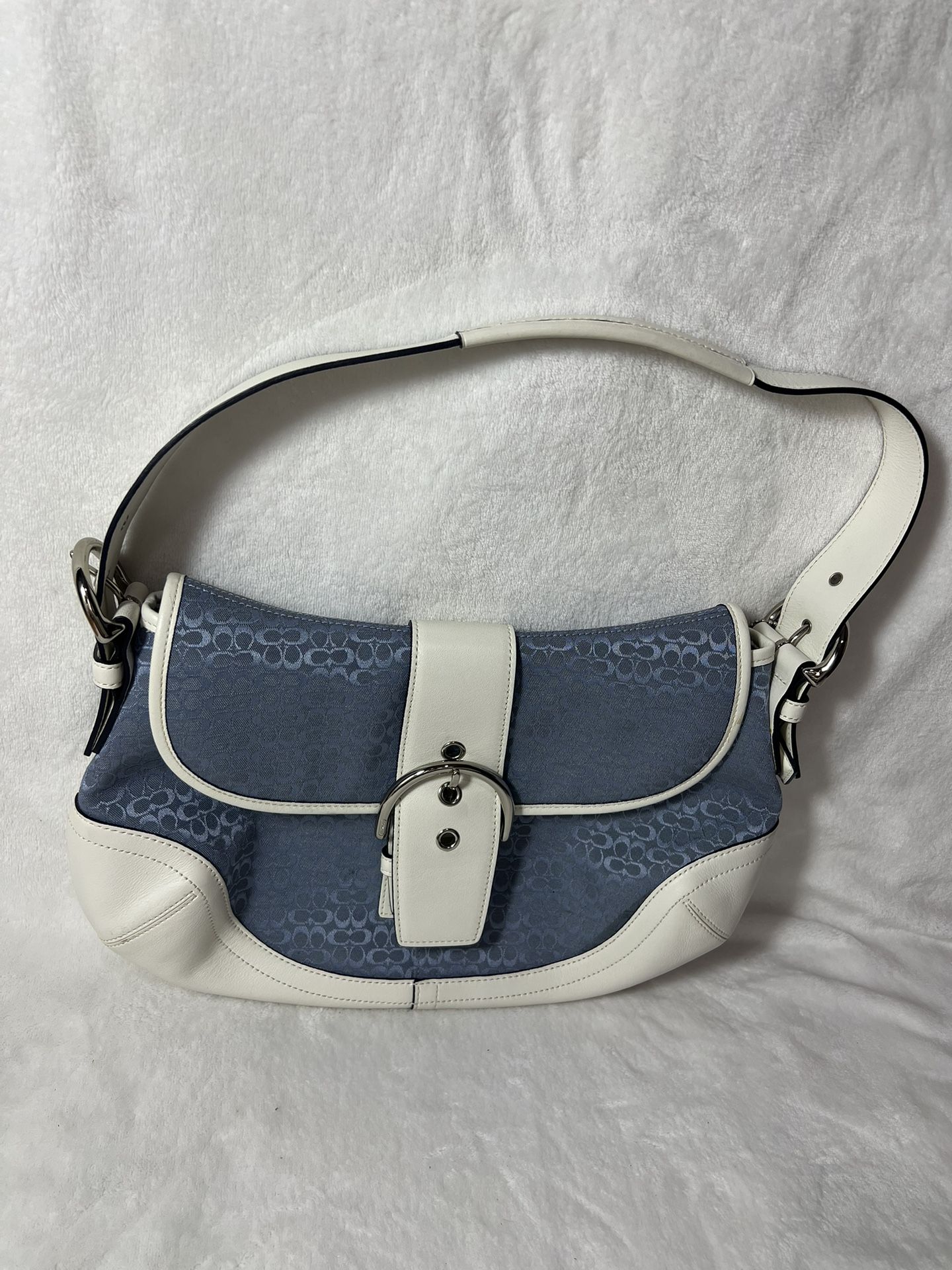 Coach Handbag Purse 6808 Soho Hobo Signature Blue Jacquard White Leather